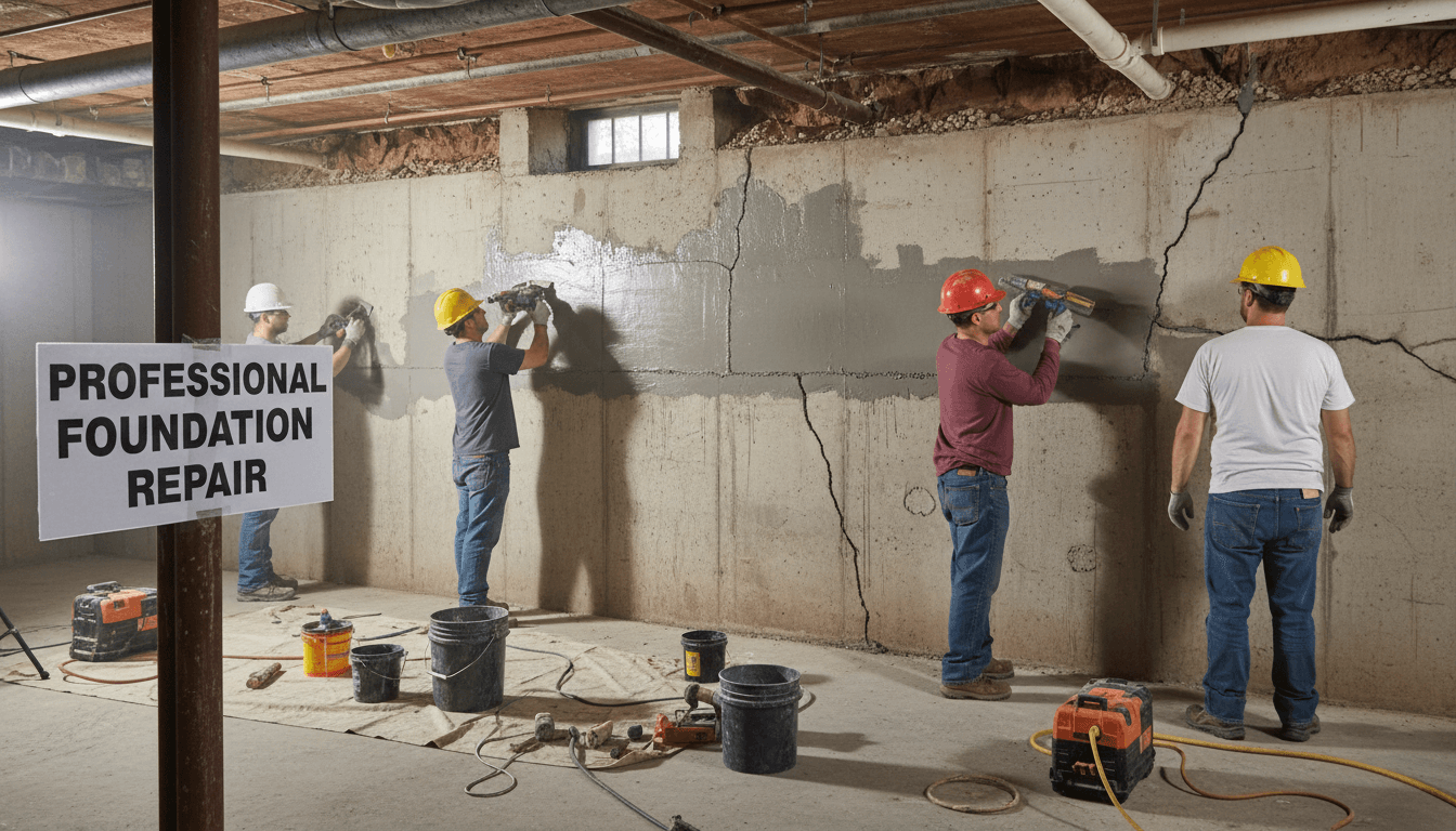 Foundation waterproofing specialist inspecting basement wall for cracks and moisture damage
